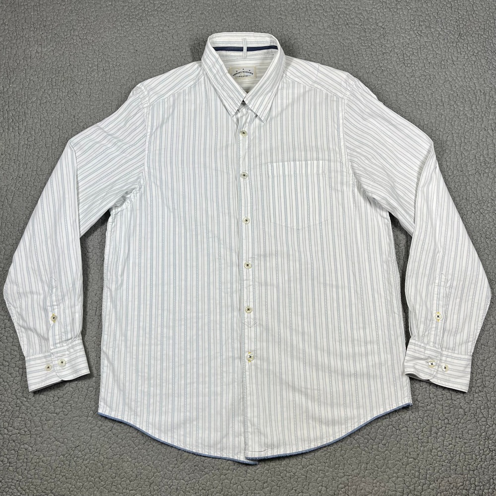 Vintage Tommy Bahama Denim Shirt Men L Long Sleeve Striped White Casual Beach